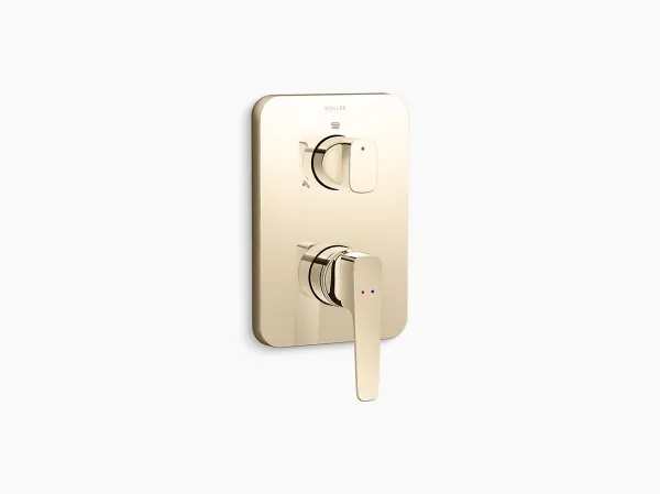 كوهلر خلاط بانيو مستطيل حائطي مع مقبض رفع ومحول | مجموعة اليو | ذهبي