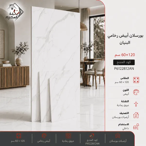 بورسلان أبيض رخامي مع عروق رمادية بنيان 60×120 - صورة 1